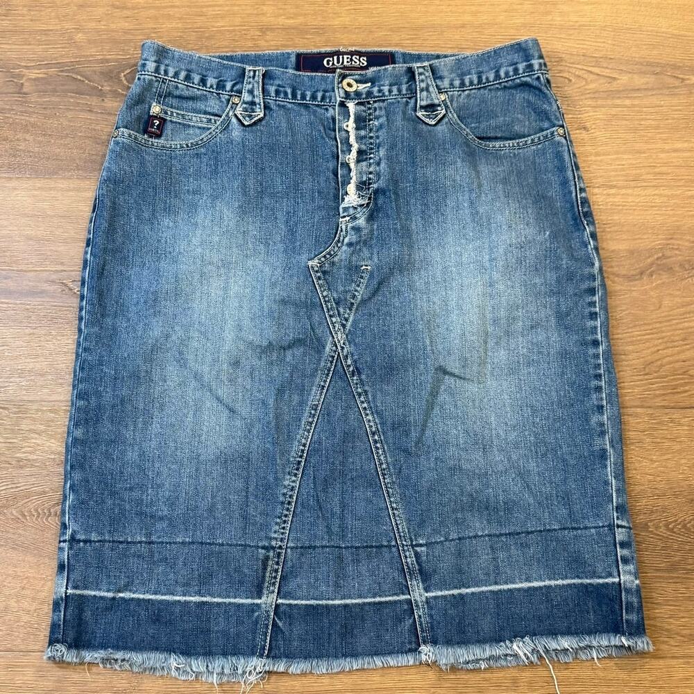 Vintage Guess USA Denim Midi Skirt Women's Size 32 Frayed Hem 100% Cotton